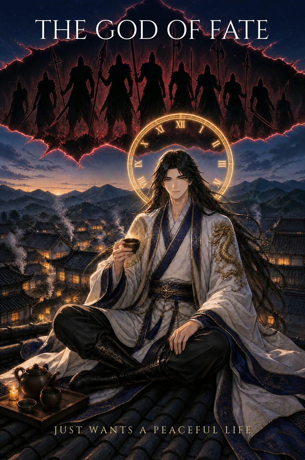 Cover: a god sits calmly at tea while a tear opens in the sky above him